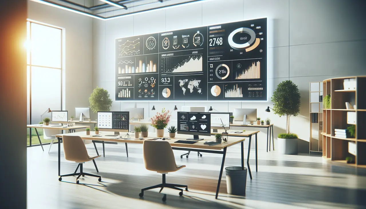 Ambiente de escritório moderno com profissionais colaborando e painéis digitais ilustrando automação de marketing para pequenas empresas aumentar vendas