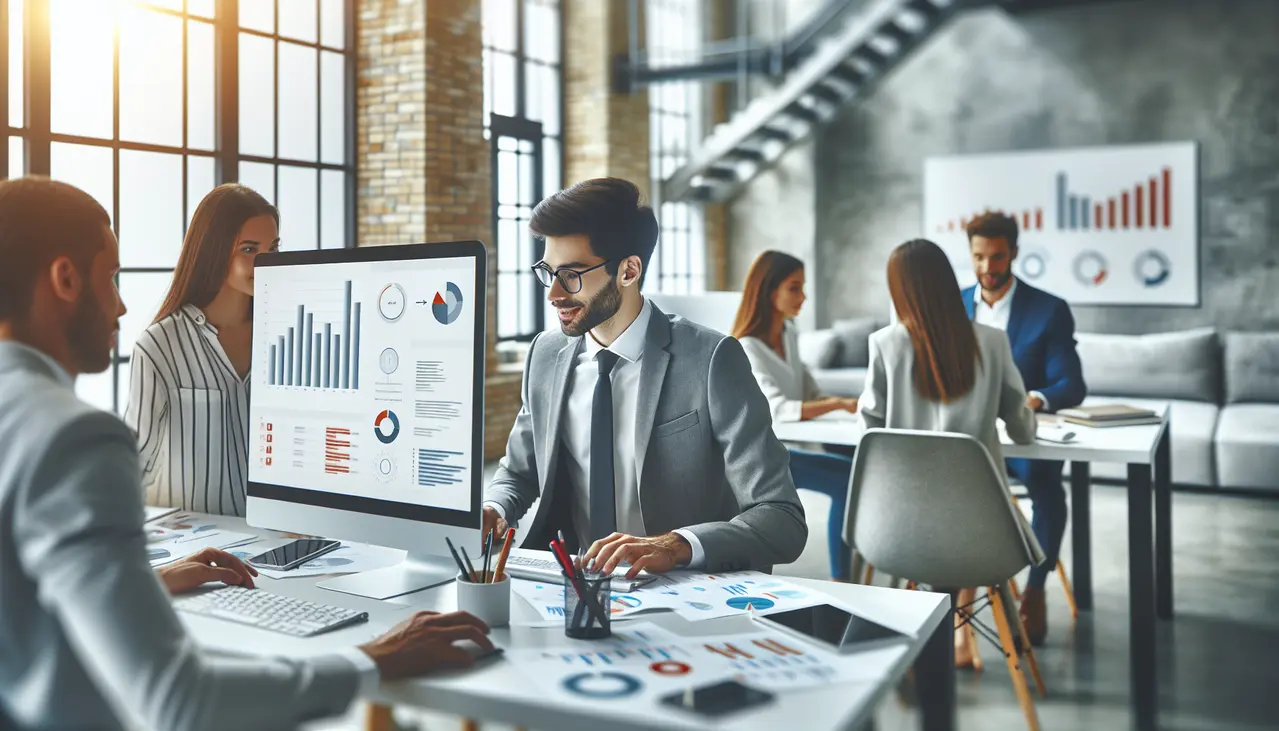 Ambiente de escritório moderno com profissionais colaborando e painéis digitais ilustrando automação de marketing para pequenas empresas aumentar vendas