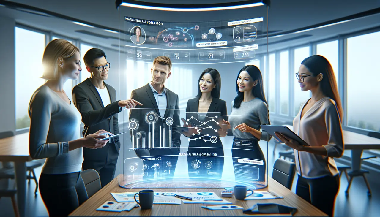 Uma equipe de uma pequena empresa colabora em um escritório moderno, usando tecnologia de automação de marketing para retenção de clientes, visualizando dados em uma tela holográfica.