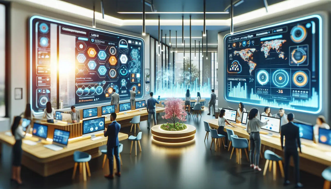 Uma equipe de uma pequena empresa colabora em um escritório moderno, usando tecnologia de automação de marketing para retenção de clientes, visualizando dados em uma tela holográfica.