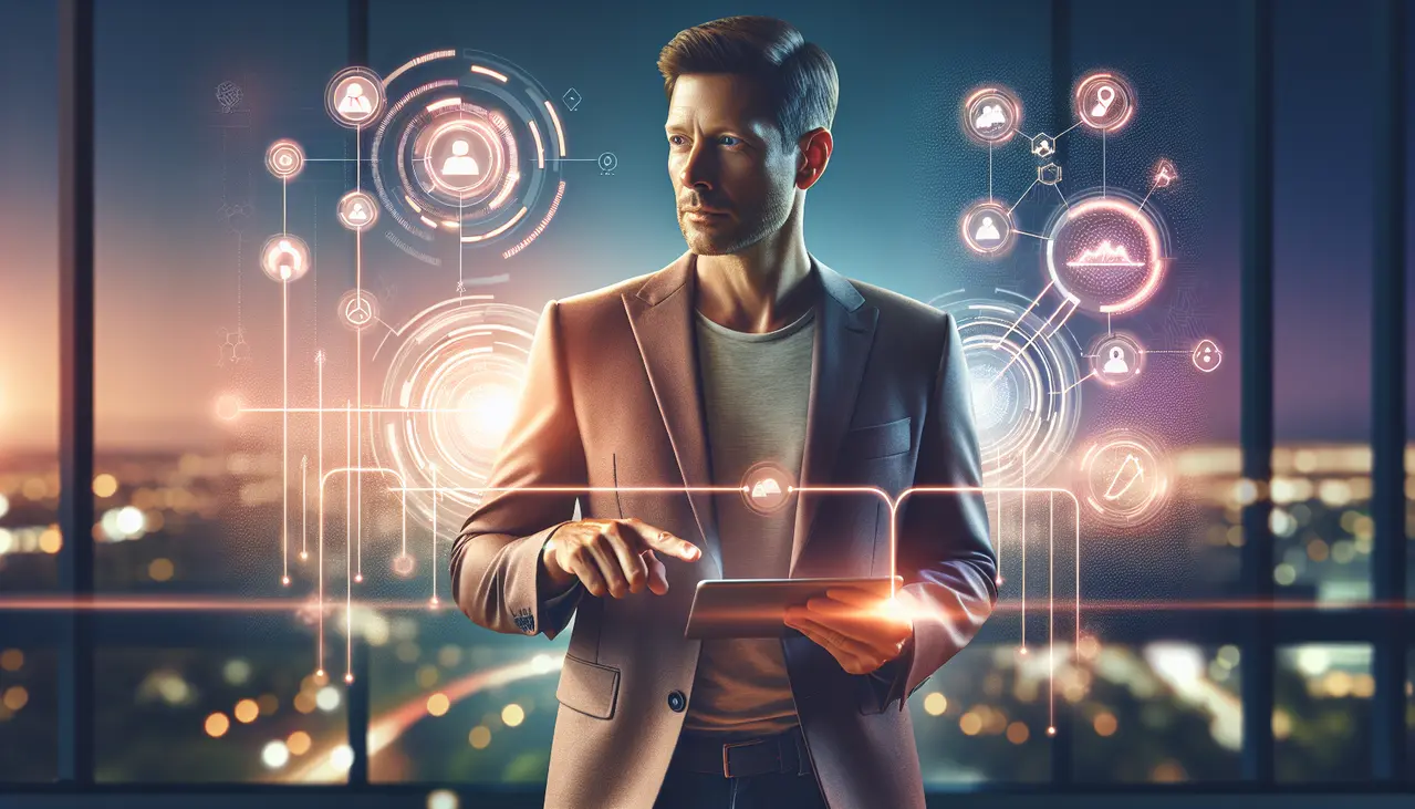 Uma empresária analisa um painel digital que representa a automação pós-venda para pequenas empresas, otimizando a jornada do cliente e a retenção de forma eficiente.