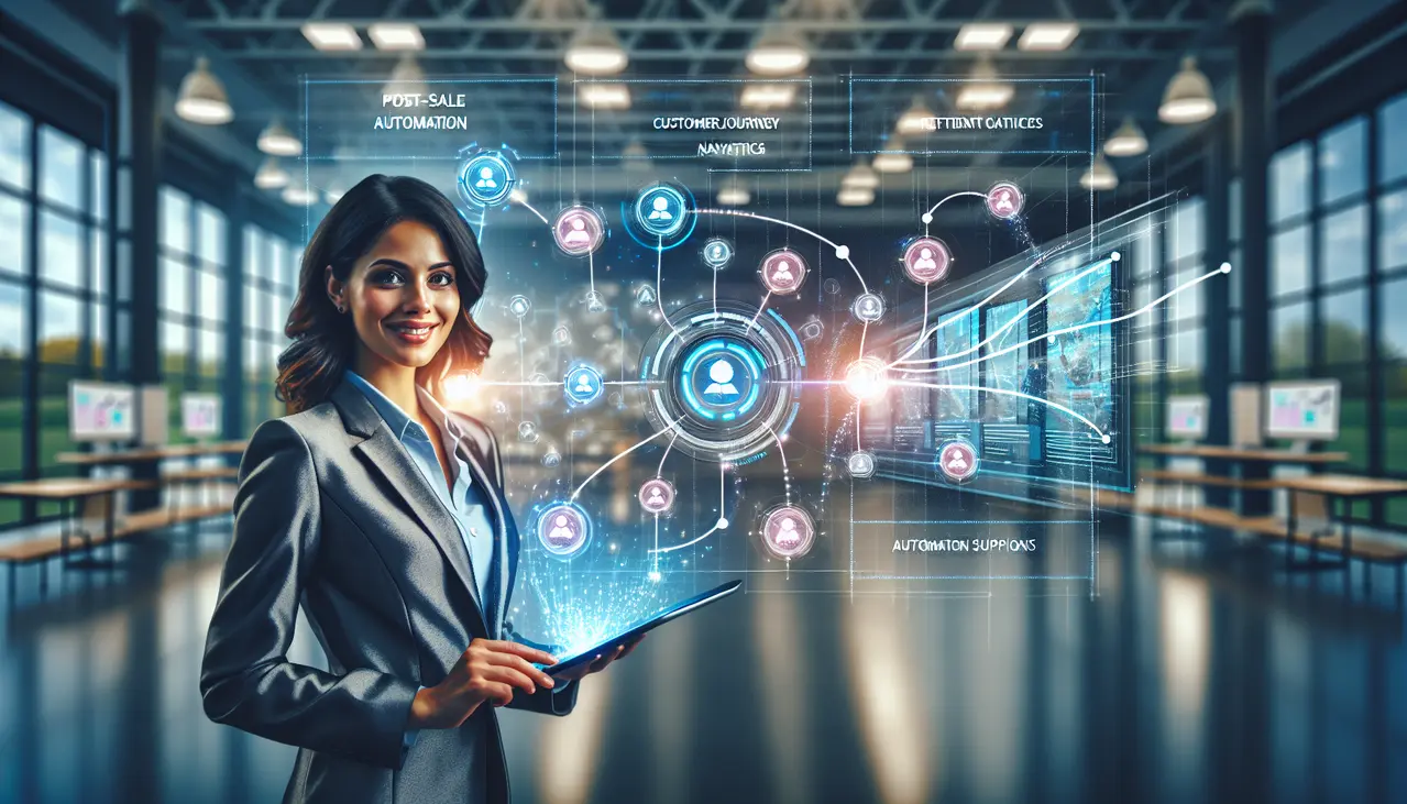Uma empresária analisa um painel digital que representa a automação pós-venda para pequenas empresas, otimizando a jornada do cliente e a retenção de forma eficiente.