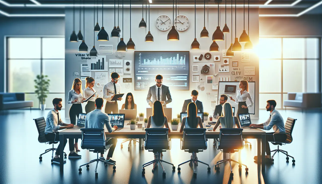 Equipe de pequenas empresas discutindo estratégias de vídeo marketing em um escritório moderno