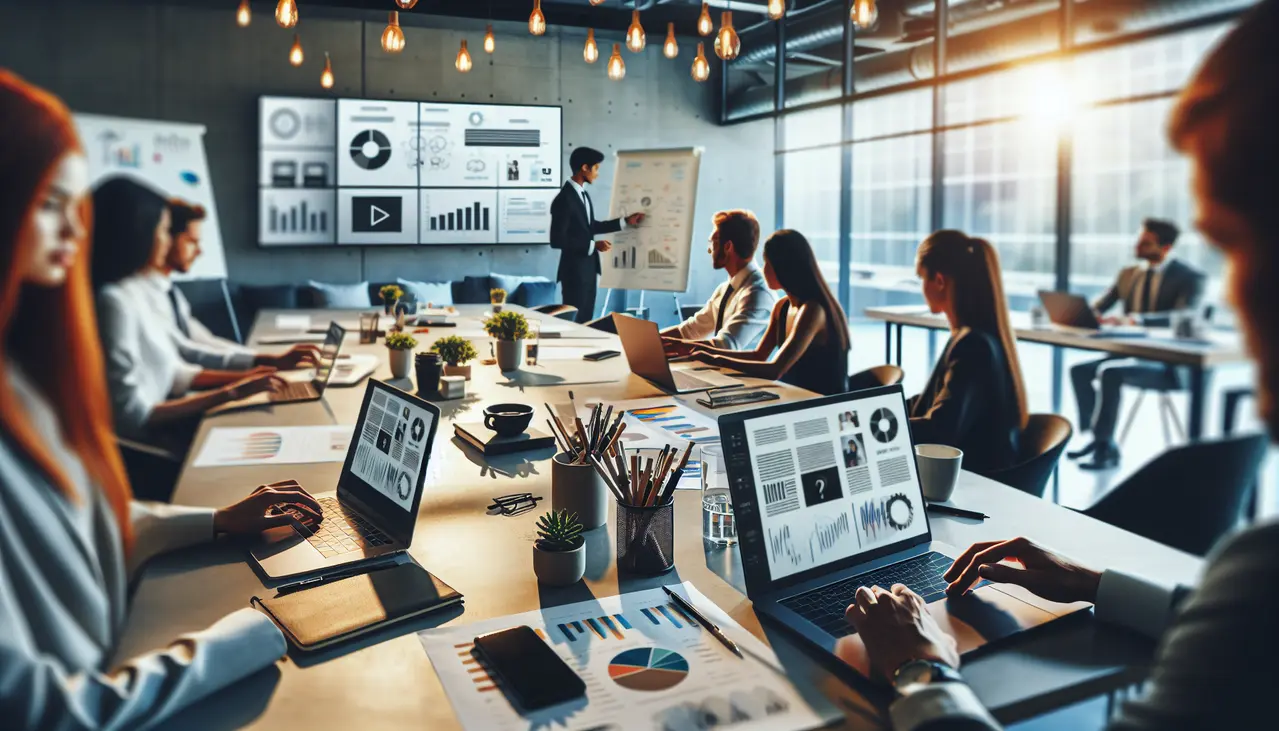 Equipe de pequenas empresas discutindo estratégias de vídeo marketing em um escritório moderno
