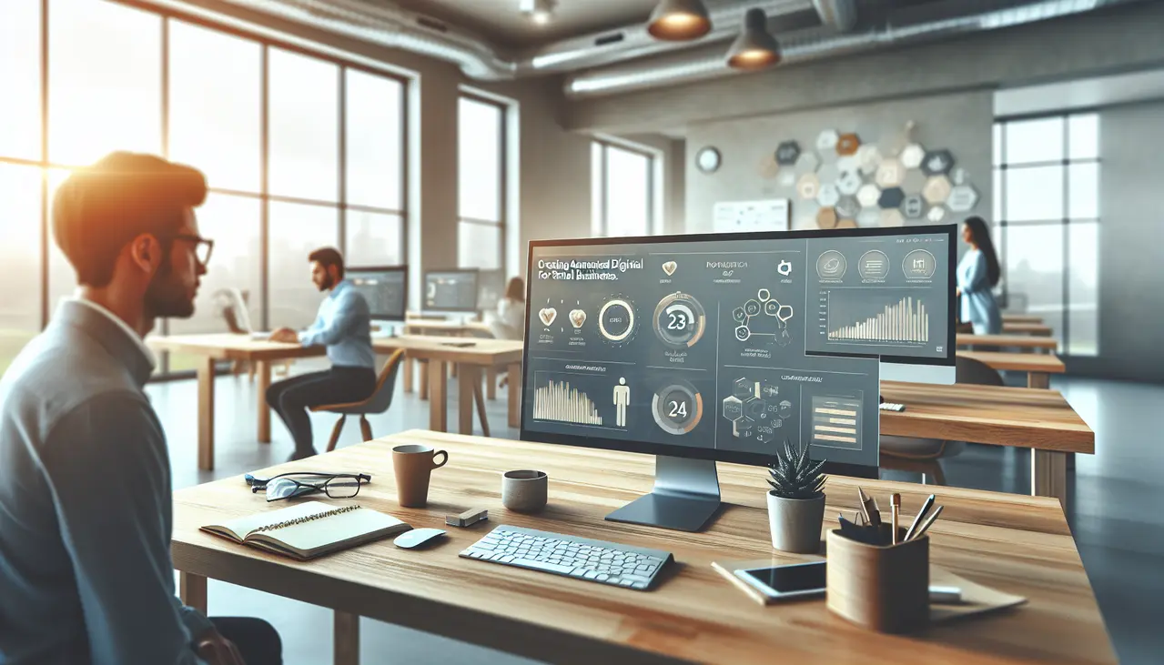 Ambiente de escritório moderno com profissionais usando programa de fidelidade digital automatizado para pequenas empresas