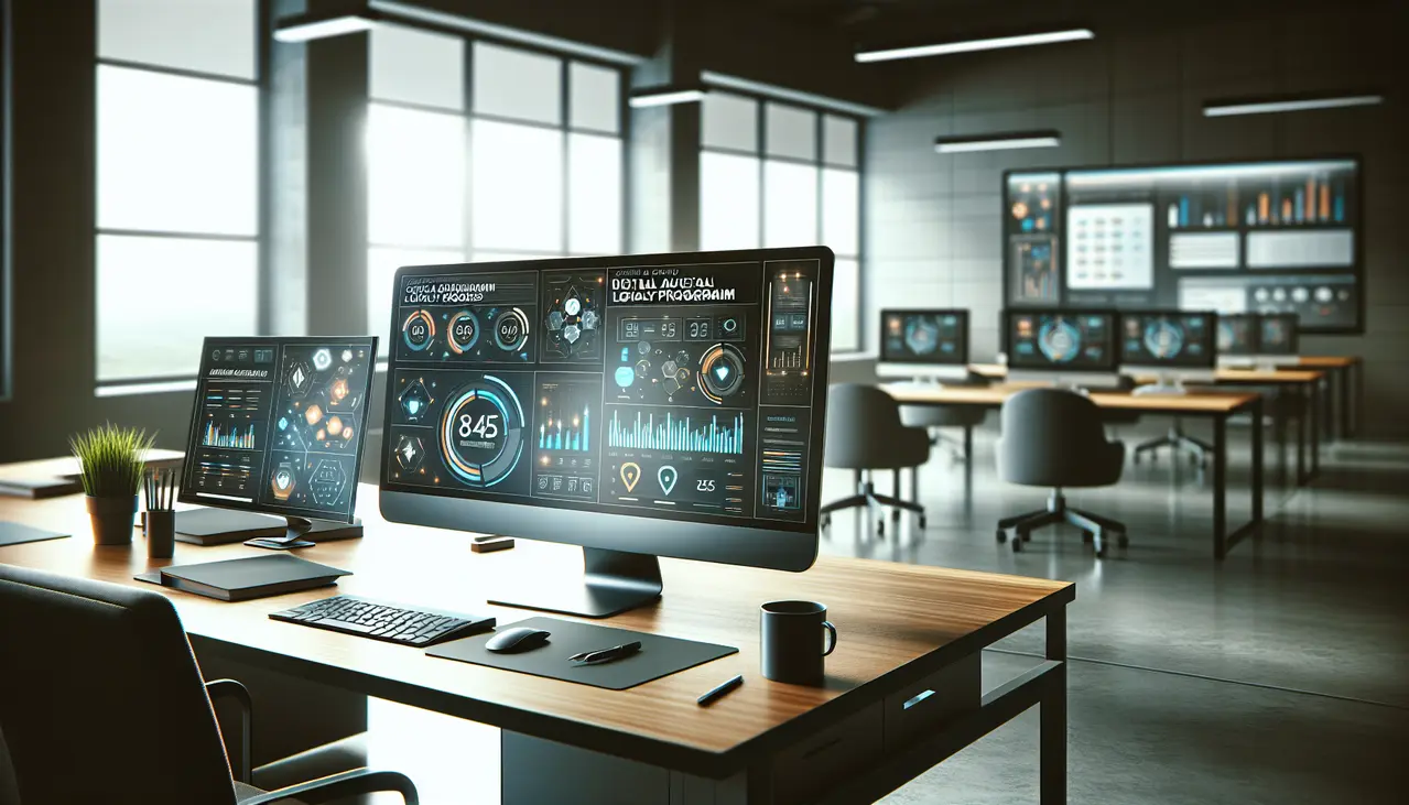 Ambiente de escritório moderno com profissionais usando programa de fidelidade digital automatizado para pequenas empresas