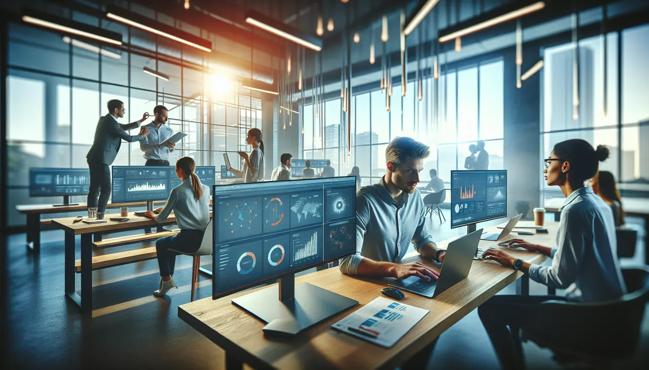 Ambiente de escritório moderno com profissionais de pequenas empresas usando ferramentas digitais para otimizar a experiência do cliente