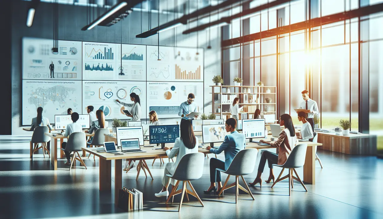 Ambiente de escritório moderno com profissionais de pequenas empresas usando ferramentas digitais para otimizar a experiência do cliente