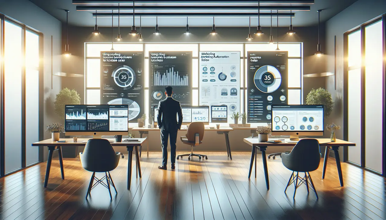 Profissionais em escritório moderno utilizando automação de marketing para pequenas empresas aumentar vendas