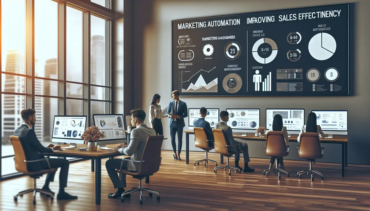 Profissionais em escritório moderno utilizando automação de marketing para pequenas empresas aumentar vendas
