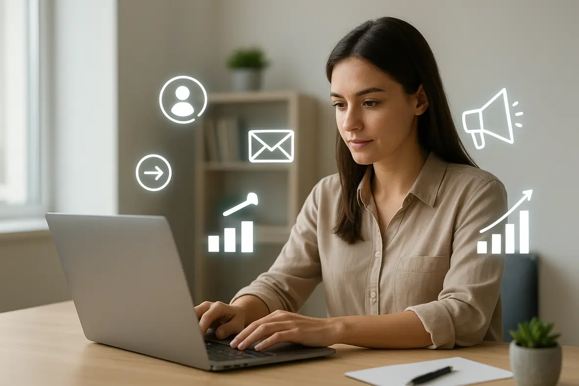 Pequeno empresário utilizando programa de indicação digital automatizado para aumentar vendas